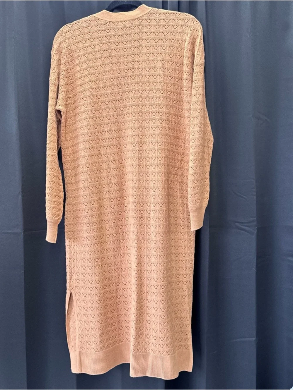 Marled Long Open-Front Knit Cardigan in Camel